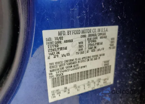 2003 Ford F250 Super Duty from USA, damaged, VIN 1FTNW21L63EB18991